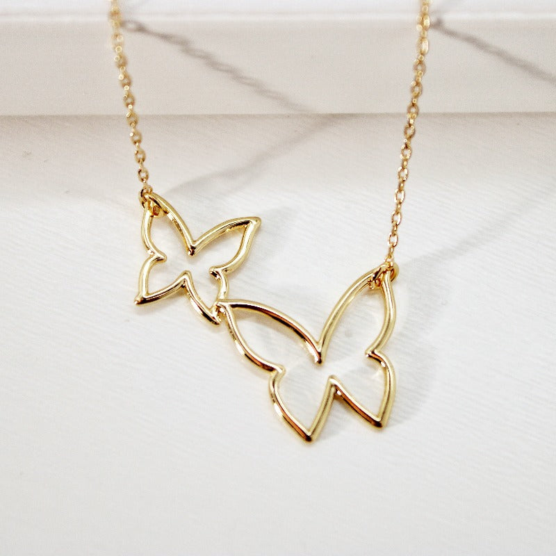 Dual Butterfly Charm Necklace - Yellow and White Gold