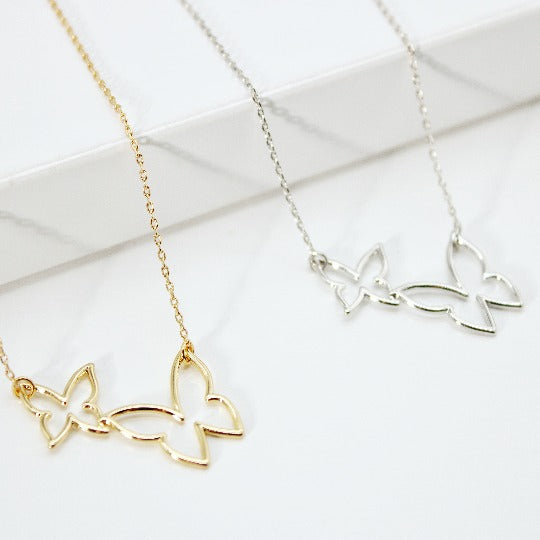 Dual Butterfly Charm Necklace - Yellow and White Gold