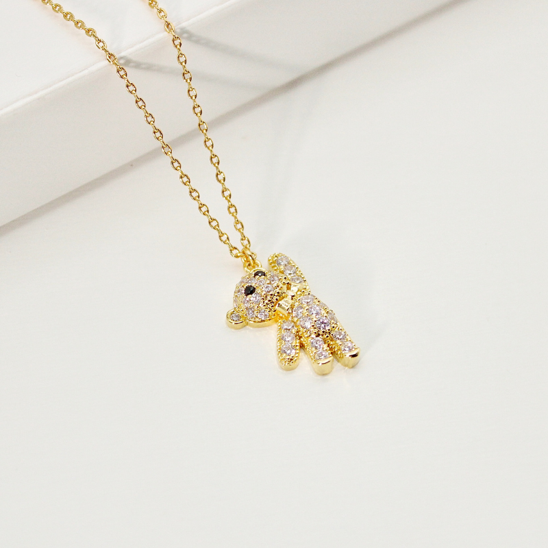 Cubic Zirconia Bear Charm Necklace -Yellow Gold Color Side View