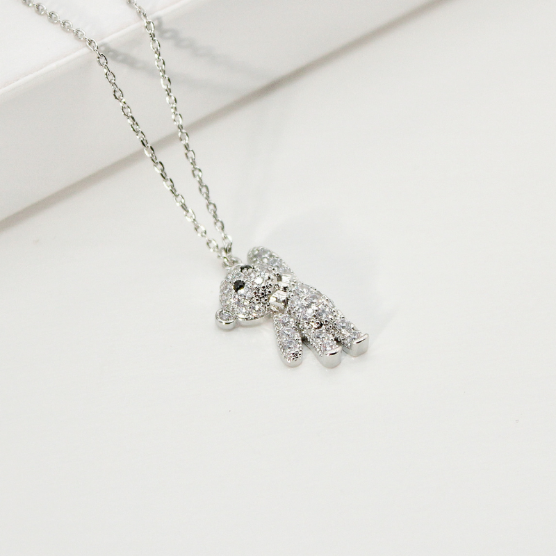 Cubic Zirconia Bear Charm Necklace -White Gold Color Side View