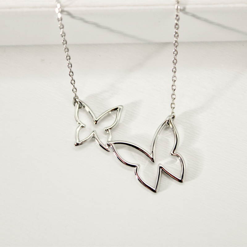 Dual Butterfly Charm Necklace - White Gold