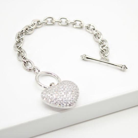 BIG Heart Toggle Bracelet in White Gold Color 