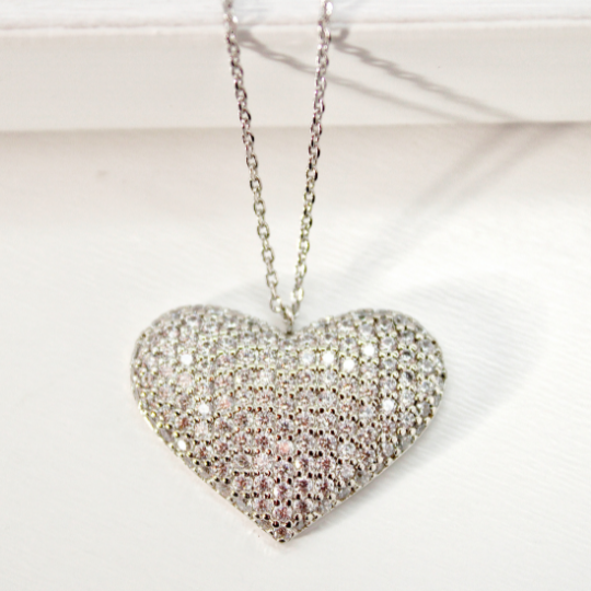 BIG Heart Pave Pendant Necklace -  White Gold Color Front