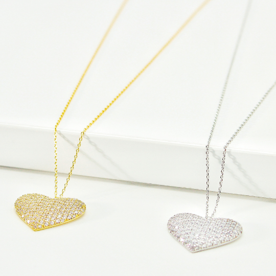 BIG Heart Pave Pendant Necklace -  Yellow and White Gold Color