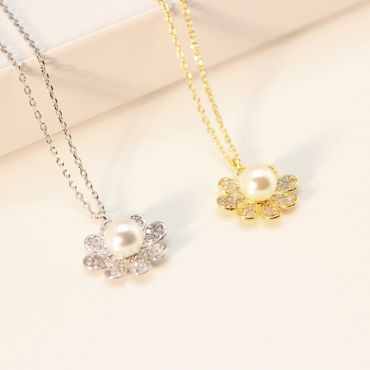 Pearl Daisy Charm Necklace in Yellow and White Gold