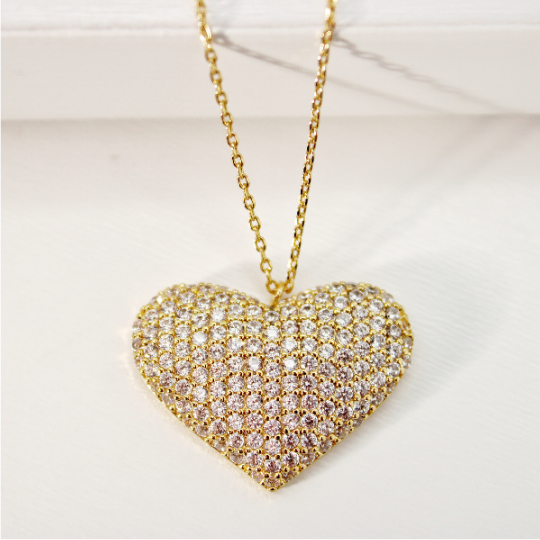 BIG Heart Pave Pendant Necklace -  Yellow Gold Color Front