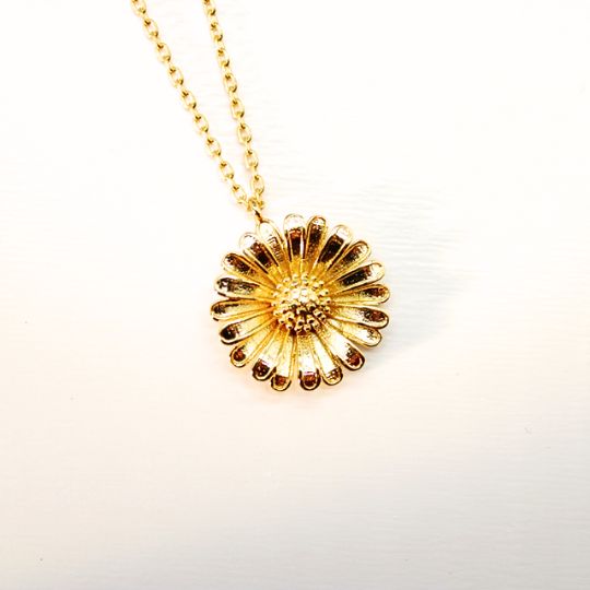 Tiny Daisy Charm Necklace in Yellow Gold Color Front Close Up