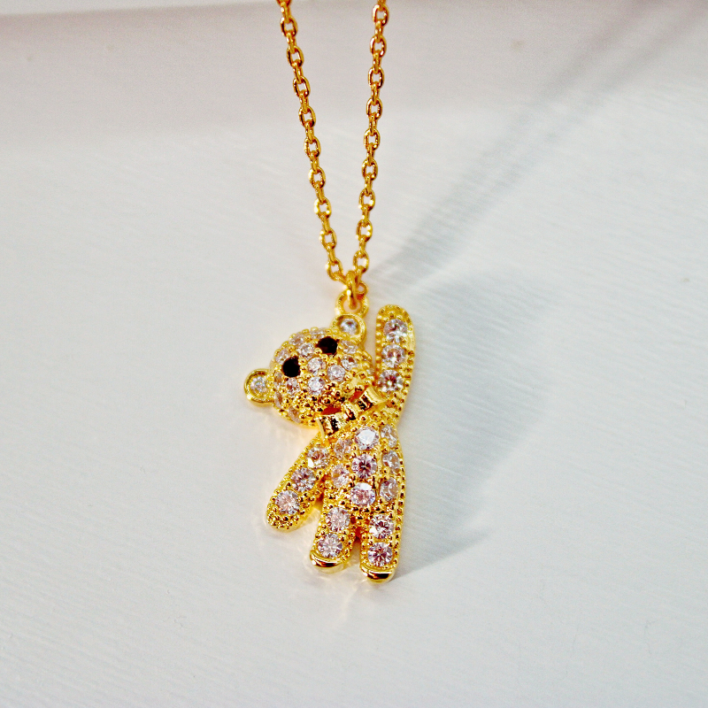 Cubic Zirconia Bear Charm Necklace - Yellow Gold Color