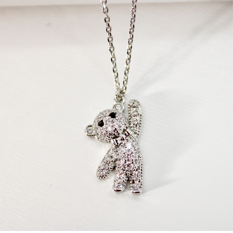 Cubic Zirconia Bear Charm Necklace - White Gold Color