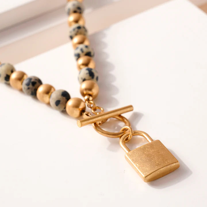 Lock Charm Stone Beaded Necklace