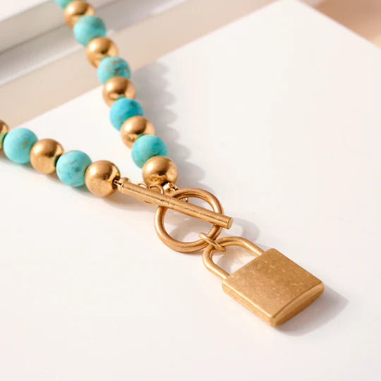 Lock Charm Stone Beaded Necklace