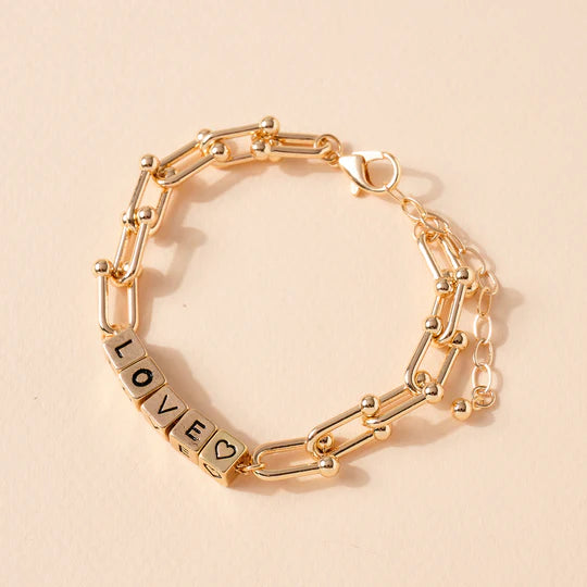 LOVE Metal Block Bead Chain Linked Bracelet