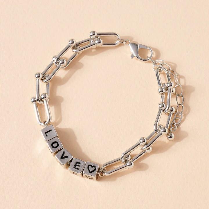 LOVE Metal Block Bead Chain Linked Bracelet