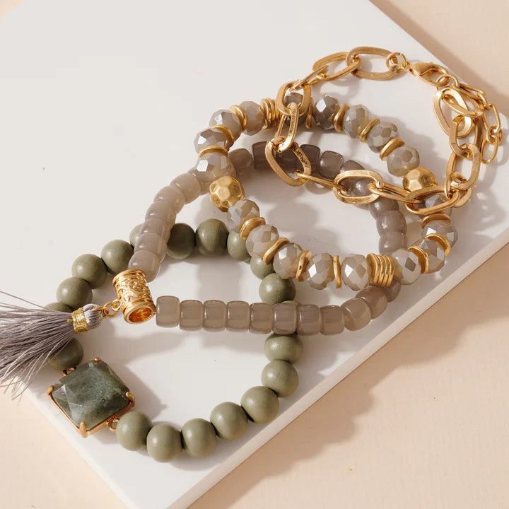 Stone Beaded Tassel Bracelet Set