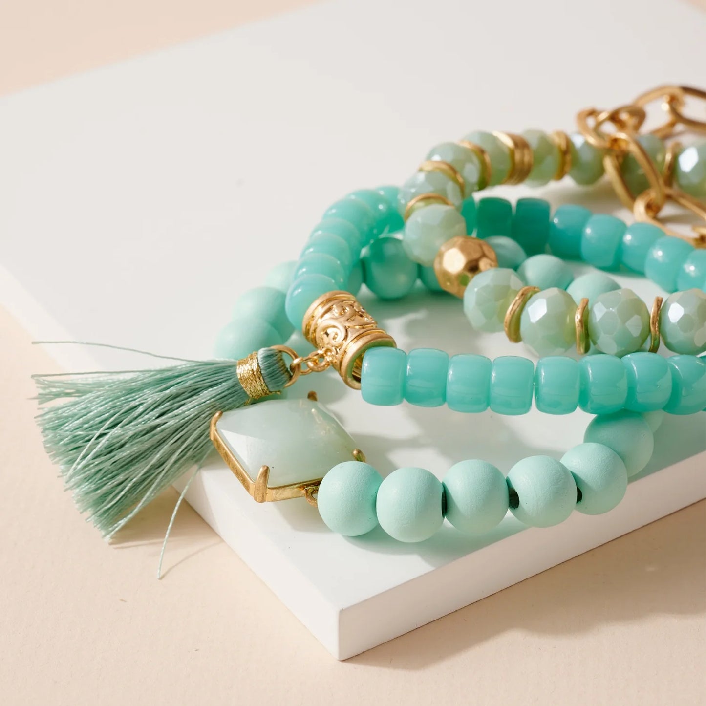 Stone Beaded Tassel Bracelet Set