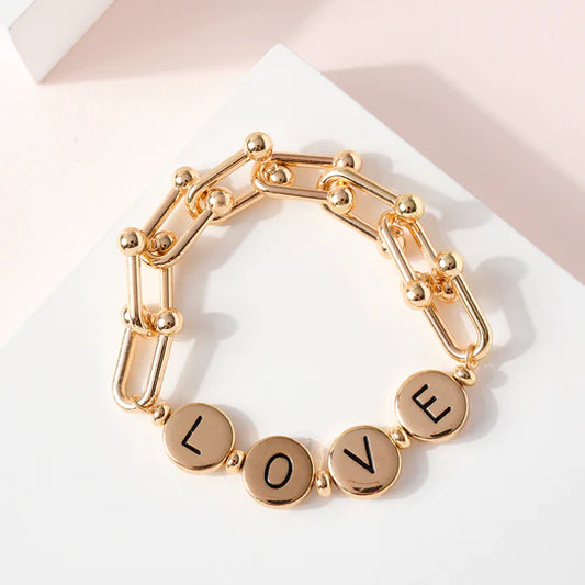 LOVE Metal Flat Bead Chain Linked Bracelet