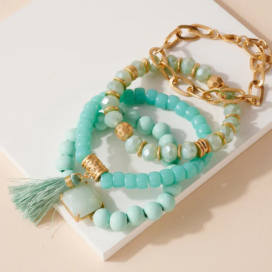 Stone Beaded Tassel Bracelet Set